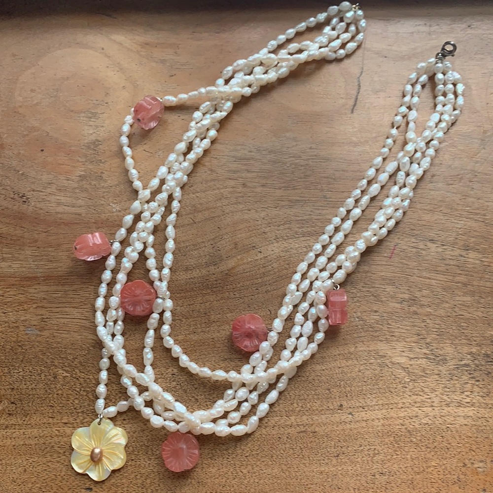 Pearl and rose quartz stone multi necklace
